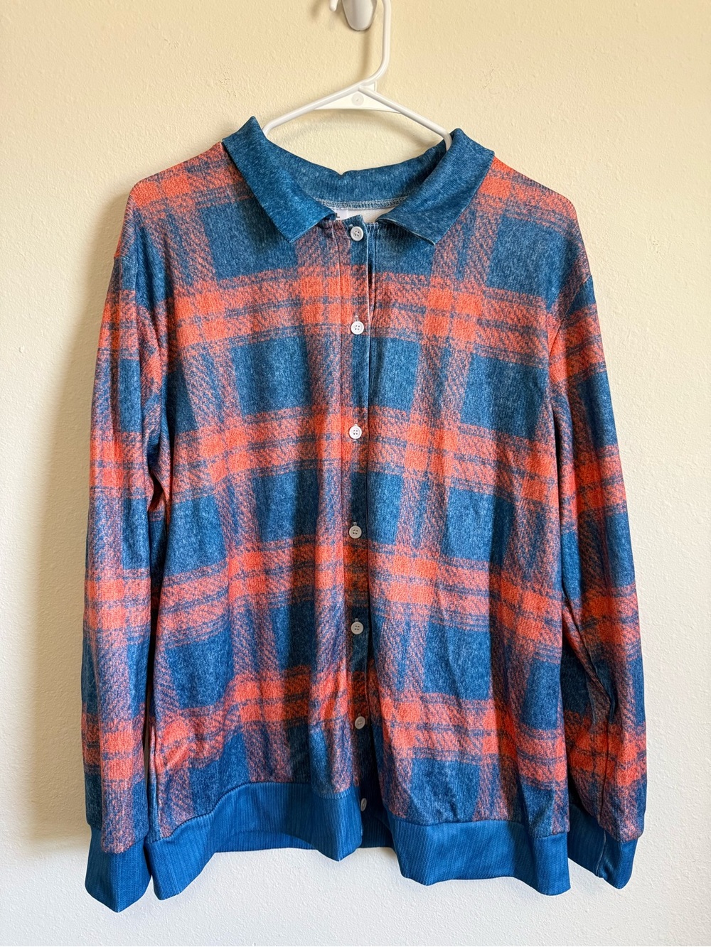 Women’s Blue and Orange Plaid Button-Up Sweater
